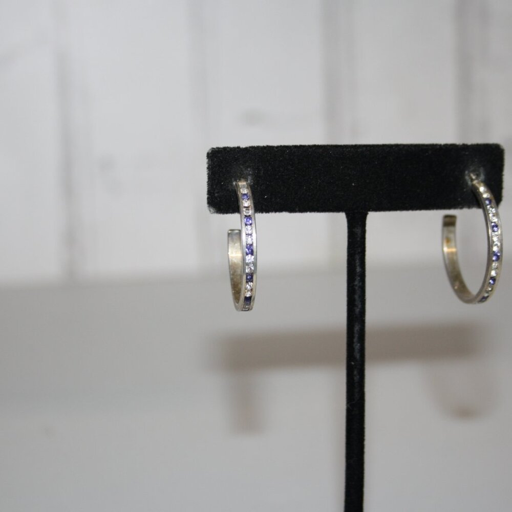 Beautiful silver hoop earrings with blue and white CZ's 1" - Picture 4 of 5